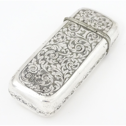 268 - A white metal / silver plate cigar box with engraved acanthus scroll decoration. Approx. 5 1/4