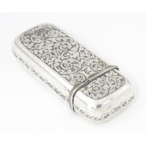 268 - A white metal / silver plate cigar box with engraved acanthus scroll decoration. Approx. 5 1/4