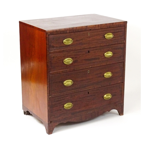 1485 - A Regency period mahogany chest of drawers with four long drawers raised on splayed bracket feet. 33... 