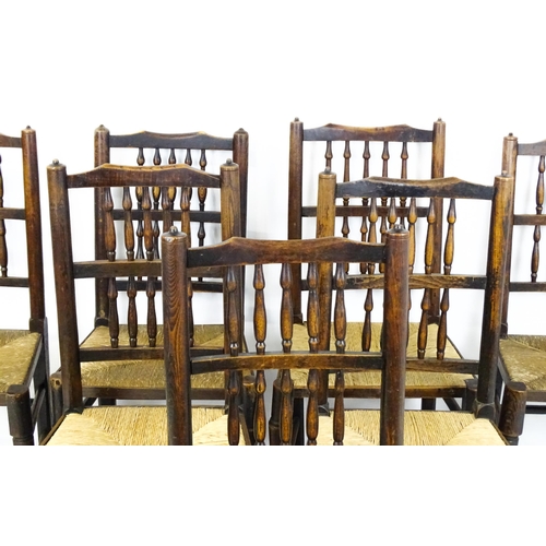 1490 - A group of seven 19thC spindle back dining chairs with envelope rush seats. 18