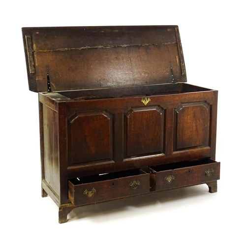 1526 - A George II mule chest with a hinged lid above a triple panelled front and two short drawers raised ... 