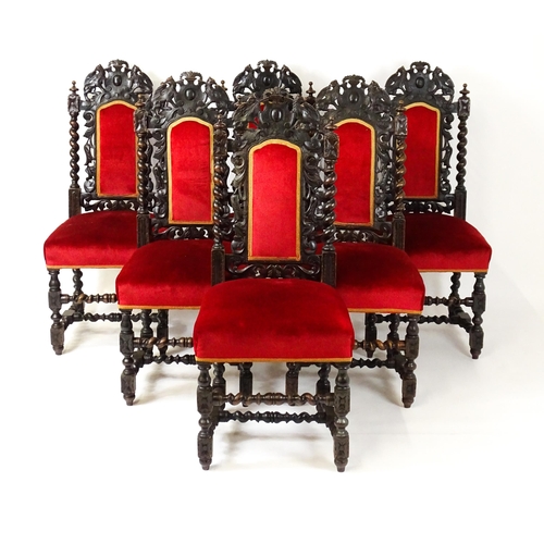 1576 - A set of six late 19thC / early 20thC dining chair with carved cresting rails depicting griffins, th... 