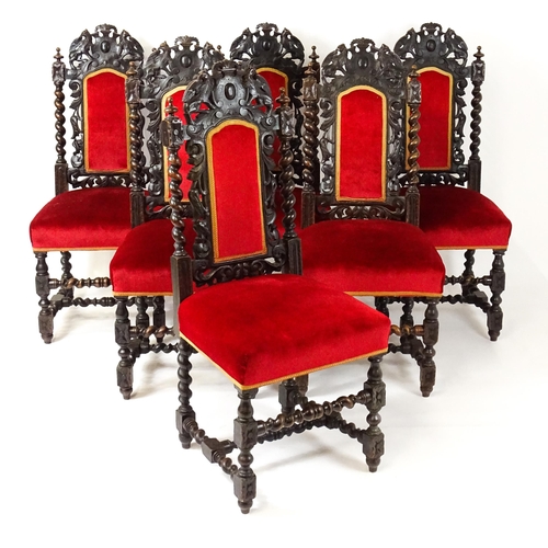 1576 - A set of six late 19thC / early 20thC dining chair with carved cresting rails depicting griffins, th... 