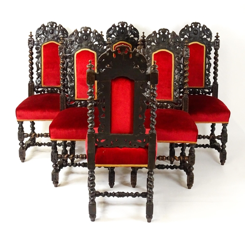 1576 - A set of six late 19thC / early 20thC dining chair with carved cresting rails depicting griffins, th... 