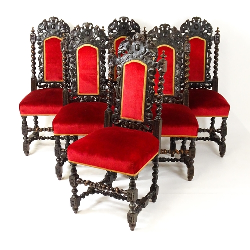 1576 - A set of six late 19thC / early 20thC dining chair with carved cresting rails depicting griffins, th... 