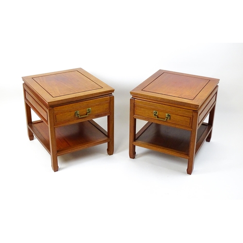 1511 - A pair of Chinese style side tables, each with a single short drawer, moulded under tier and raised ... 