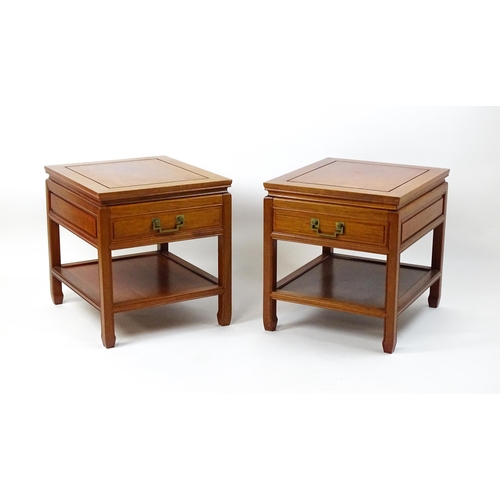 1511 - A pair of Chinese style side tables, each with a single short drawer, moulded under tier and raised ... 