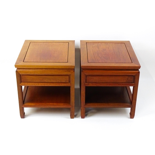 1511 - A pair of Chinese style side tables, each with a single short drawer, moulded under tier and raised ... 