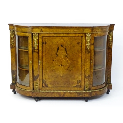 1554 - A Victorian walnut credenza with brass mounts and beadwork decoration, satinwood marquetry decoratio... 