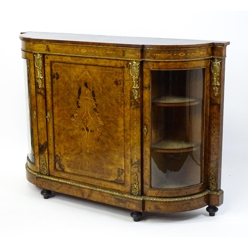 1554 - A Victorian walnut credenza with brass mounts and beadwork decoration, satinwood marquetry decoratio... 