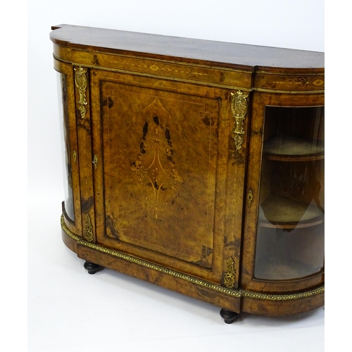 1554 - A Victorian walnut credenza with brass mounts and beadwork decoration, satinwood marquetry decoratio... 