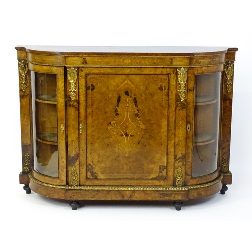 1554 - A Victorian walnut credenza with brass mounts and beadwork decoration, satinwood marquetry decoratio... 