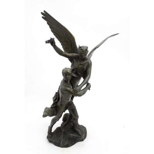 1224A - A 20thC cast sculpture depicting a warrior with winged Victory, bears cast signature Mercie to base.... 