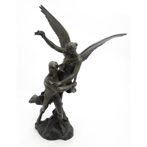 1224A - A 20thC cast sculpture depicting a warrior with winged Victory, bears cast signature Mercie to base.... 