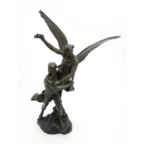 1224A - A 20thC cast sculpture depicting a warrior with winged Victory, bears cast signature Mercie to base.... 