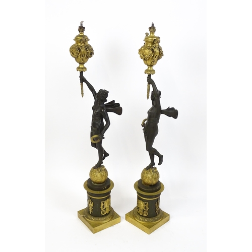 1234 - A large pair of 19thC cast bronze sculptural lamps, each modelled as a Classical female figure holdi... 