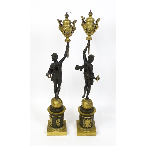 1234 - A large pair of 19thC cast bronze sculptural lamps, each modelled as a Classical female figure holdi... 