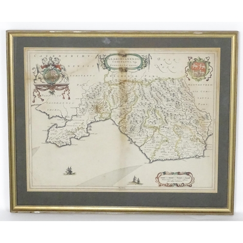 1977 - Map: A 17thC engraved map of Glamorganshire, Wales, after Johannes Blaeu, titled 'Glamorganensis Com... 