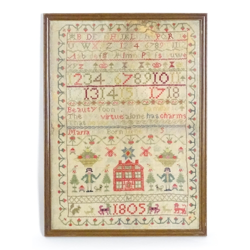 1981 - A 19thC needlework sampler with embroidered decoration depicting a house, figures with dogs, animals... 