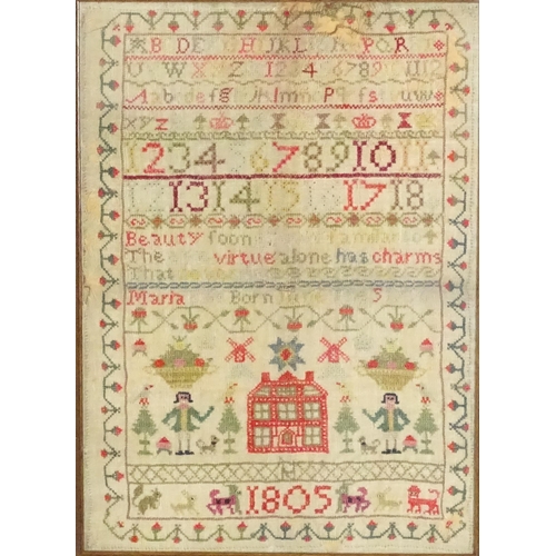 1981 - A 19thC needlework sampler with embroidered decoration depicting a house, figures with dogs, animals... 