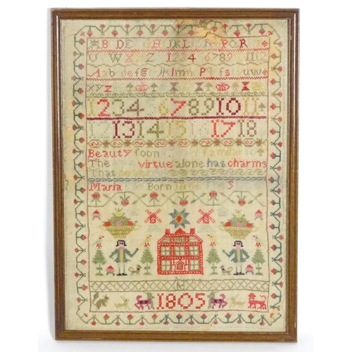 1981 - A 19thC needlework sampler with embroidered decoration depicting a house, figures with dogs, animals... 