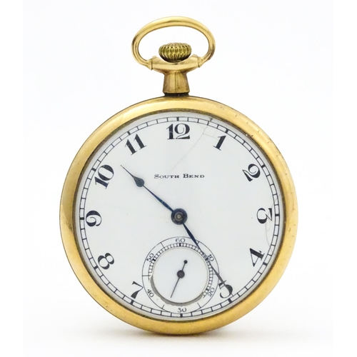 798 - An American gold plated pocket watch / fob watch, the white enamel dial with Arabic numerals and sub... 