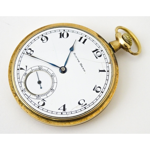 798 - An American gold plated pocket watch / fob watch, the white enamel dial with Arabic numerals and sub... 