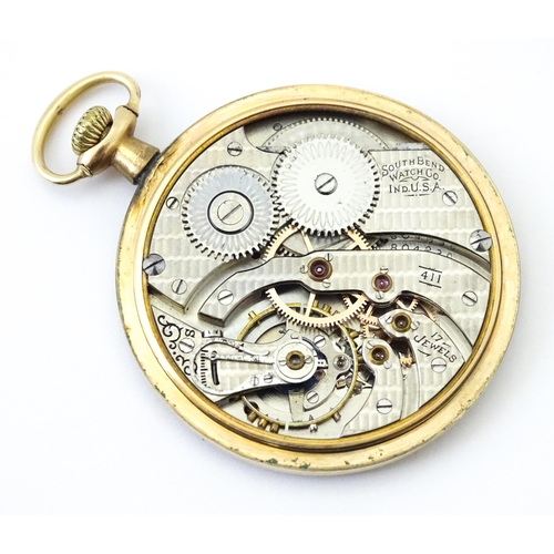 798 - An American gold plated pocket watch / fob watch, the white enamel dial with Arabic numerals and sub... 