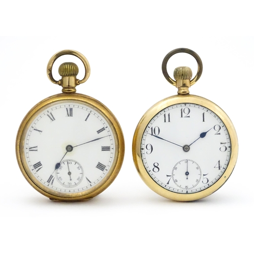 800 - Two gold plated pocket watches, both having enamel dials, one with Roman numerals, the other with Ar... 