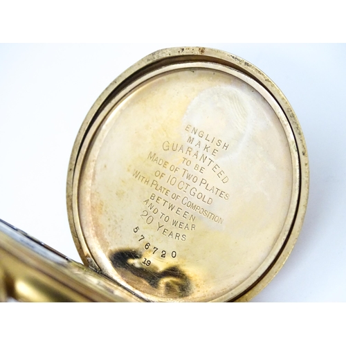 800 - Two gold plated pocket watches, both having enamel dials, one with Roman numerals, the other with Ar... 