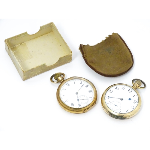 800 - Two gold plated pocket watches, both having enamel dials, one with Roman numerals, the other with Ar... 