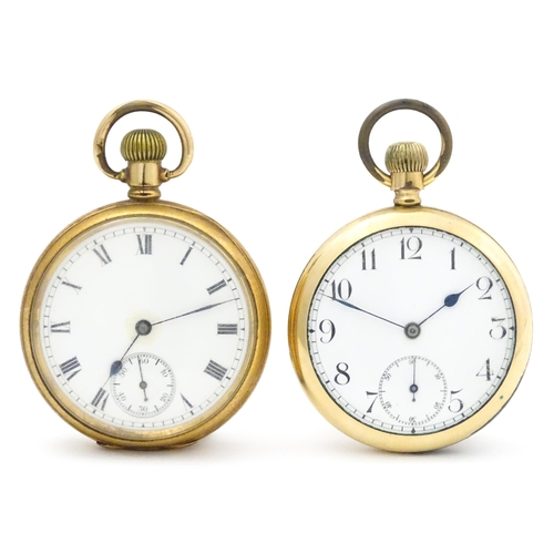 800 - Two gold plated pocket watches, both having enamel dials, one with Roman numerals, the other with Ar... 