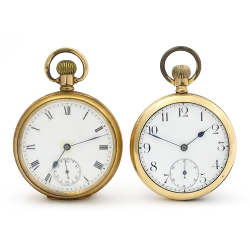 800 - Two gold plated pocket watches, both having enamel dials, one with Roman numerals, the other with Ar... 