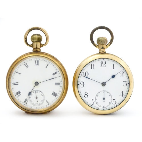 800 - Two gold plated pocket watches, both having enamel dials, one with Roman numerals, the other with Ar... 