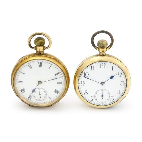 800 - Two gold plated pocket watches, both having enamel dials, one with Roman numerals, the other with Ar... 