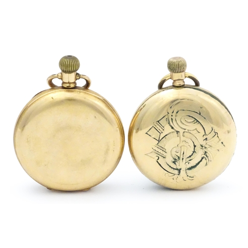 800 - Two gold plated pocket watches, both having enamel dials, one with Roman numerals, the other with Ar... 