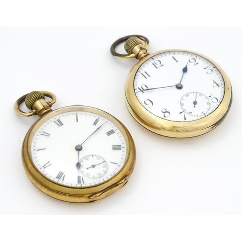 800 - Two gold plated pocket watches, both having enamel dials, one with Roman numerals, the other with Ar... 