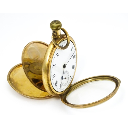 800 - Two gold plated pocket watches, both having enamel dials, one with Roman numerals, the other with Ar... 