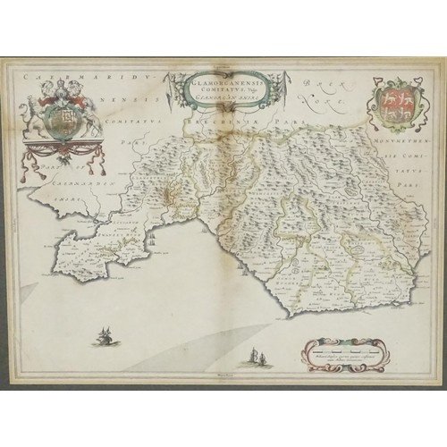 1977 - Map: A 17thC engraved map of Glamorganshire, Wales, after Johannes Blaeu, titled 'Glamorganensis Com... 