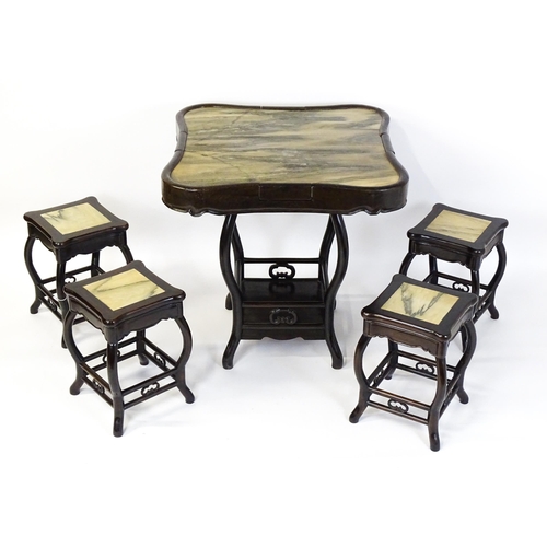 1443 - A mah-jong table and stools. Having marble tops above cabriole legs and double braced stretchers wit... 