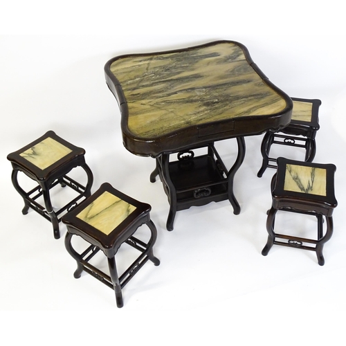 1443 - A mah-jong table and stools. Having marble tops above cabriole legs and double braced stretchers wit... 