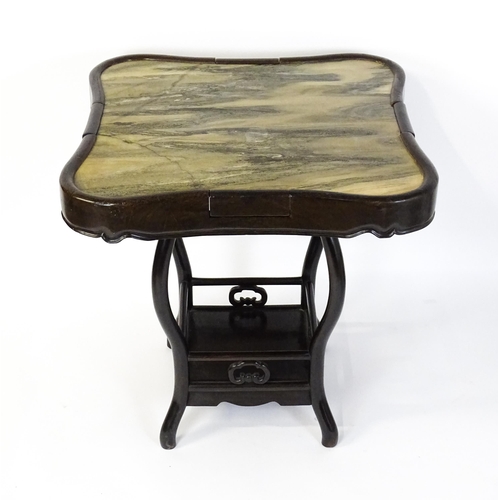 1443 - A mah-jong table and stools. Having marble tops above cabriole legs and double braced stretchers wit... 