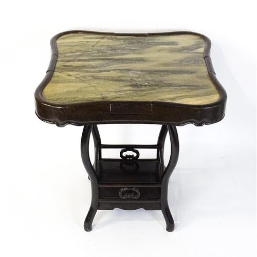 1443 - A mah-jong table and stools. Having marble tops above cabriole legs and double braced stretchers wit... 