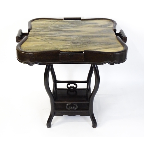 1443 - A mah-jong table and stools. Having marble tops above cabriole legs and double braced stretchers wit... 