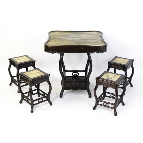 1443 - A mah-jong table and stools. Having marble tops above cabriole legs and double braced stretchers wit... 