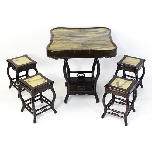 1443 - A mah-jong table and stools. Having marble tops above cabriole legs and double braced stretchers wit... 