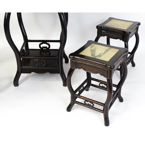 1443 - A mah-jong table and stools. Having marble tops above cabriole legs and double braced stretchers wit... 