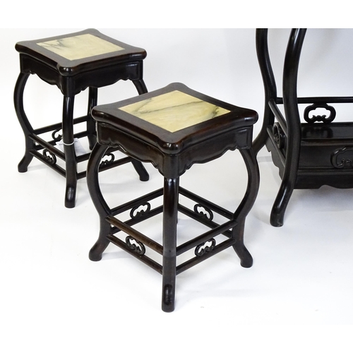 1443 - A mah-jong table and stools. Having marble tops above cabriole legs and double braced stretchers wit... 