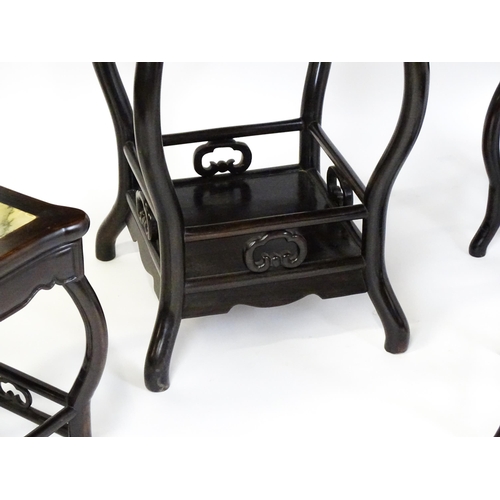 1443 - A mah-jong table and stools. Having marble tops above cabriole legs and double braced stretchers wit... 