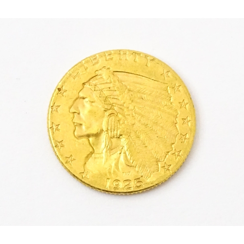 823 - Coin : A United States of America gold 1925 2 1/2 dollar coin with Liberty Indian head to one side, ... 